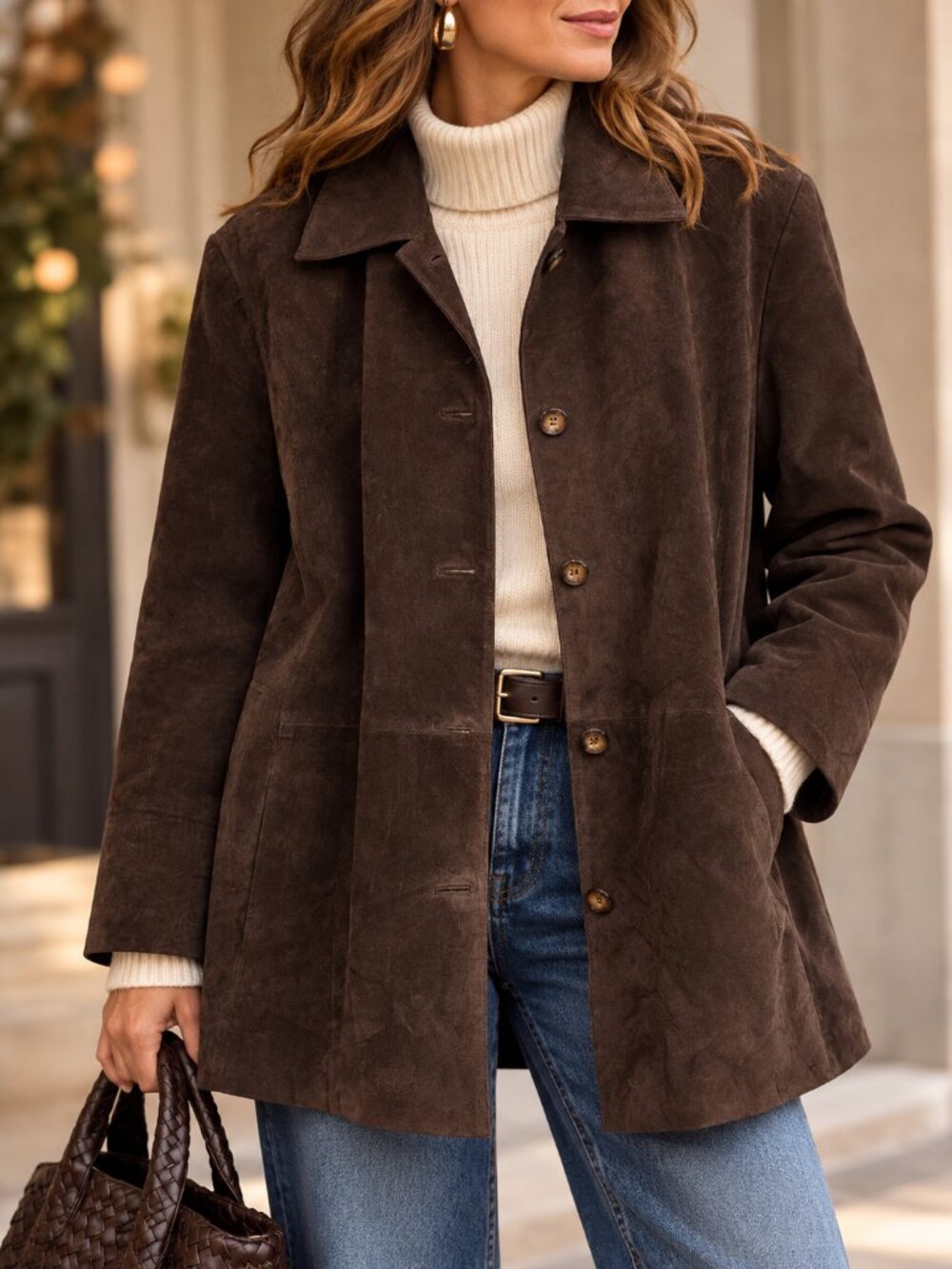 Vintage 90s Chocolate Brown Genuine Suede Leather Car Coat L Minimalist Y2K EUC